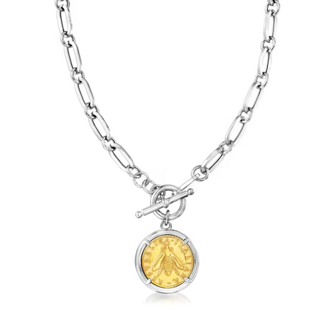 Ross-Simons Sterling Silver Replica Bumblebee Lira Coin Paper Clip Link Toggle Necklace