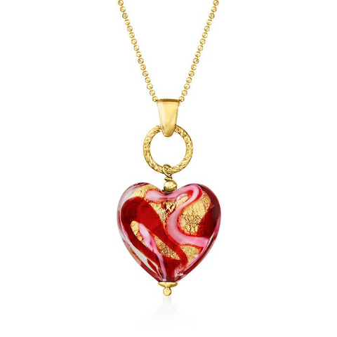 Ross-Simons Italian Red and Pink Murano Glass Heart Pendant Necklace