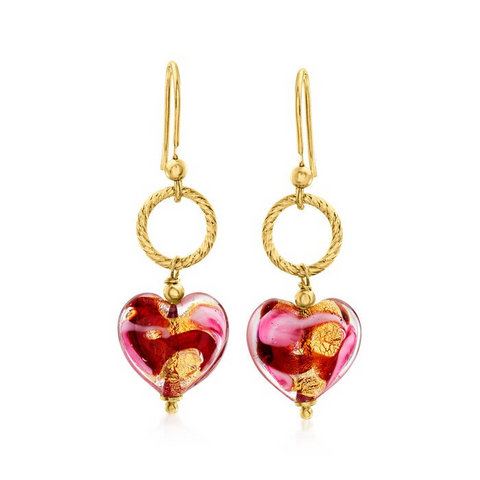 Ross-Simons Italian Red & Pink Murano Glass Heart Drop Earrings