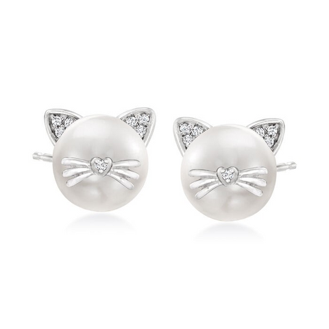 Ross-Simons 8-8.5mm Cultured Pearl Cat Earrings with Diamond Accents