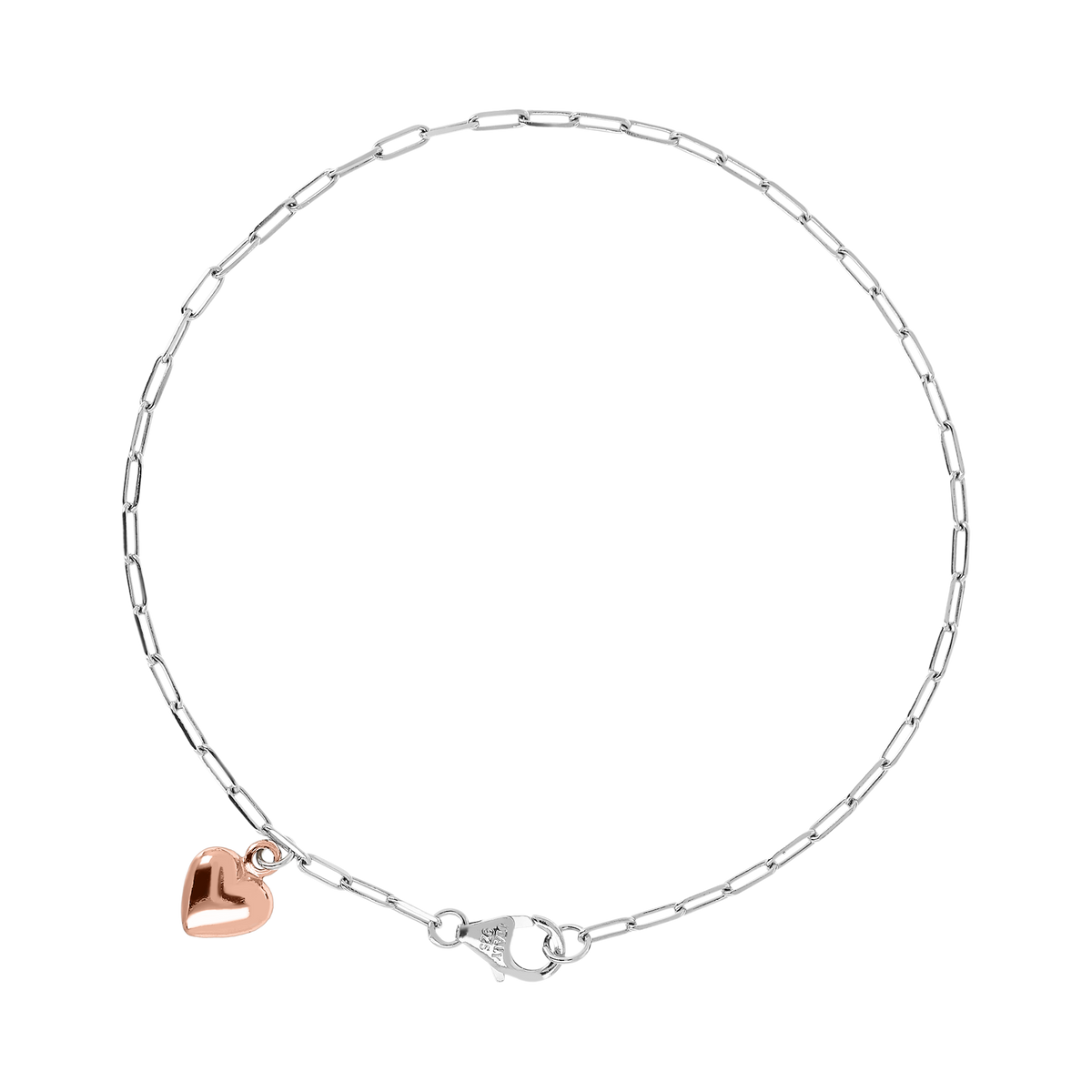 Italian Sterling Silver Paperclip Ankle Bracelet with Rose-Gold Heart