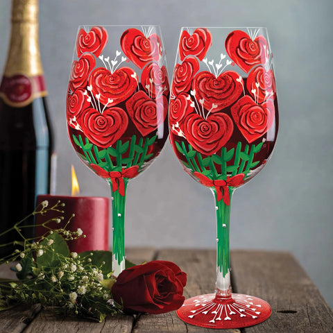 Lolita Set of 2 Valentine's Bouquet Hand Painted Wine Glasses