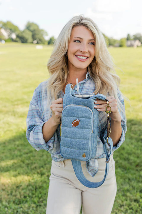 WanderFull HydroBag® HANDLE™- Football Embroidery on Denim with Gold Hardware