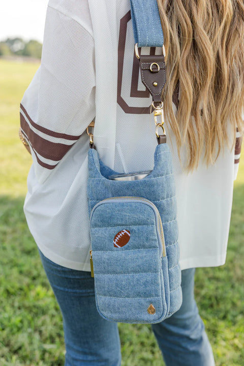 WanderFull HydroBag® HANDLE™- Football Embroidery on Denim with Gold Hardware