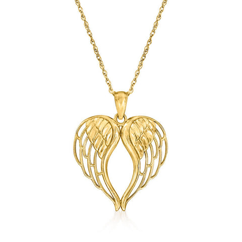 Ross-Simons 14K Yellow Gold Angel Wings Heart Pendant Necklace