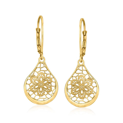 Ross-Simons Italian 14K Yellow Gold Openwork Floral Lace Teardrop Earrings