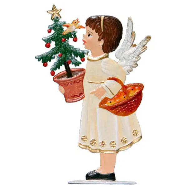 Angel with Tree and Basket Hand Painted German Pewter Figurine