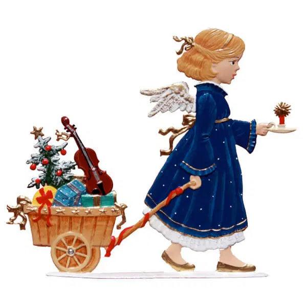 Angel Pulling Gift Wagon Hand Painted German Pewter Figurine