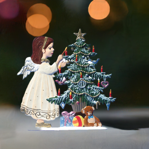 Angels Decorating Tree Hand Painted German Pewter Figurine