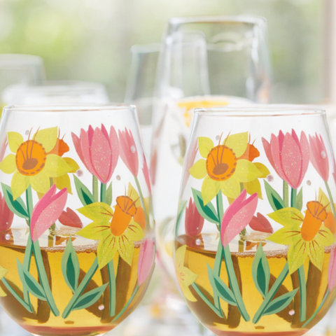 Lolita Spring Bloom Hand Painted Stemless Wine Glass