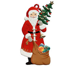 Load image into Gallery viewer, Santa with Tree and Sack Hand Painted German Pewter Ornament
