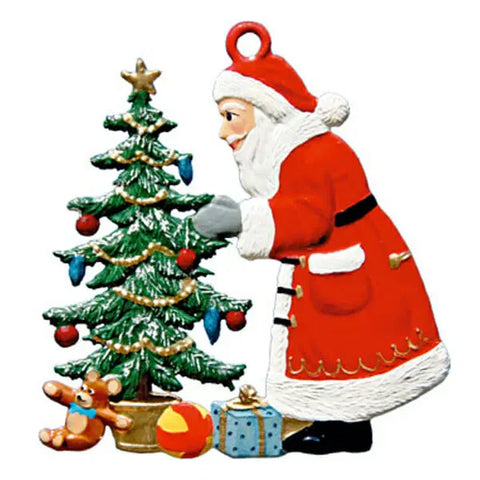 Santa Decorating Tree Hand Painted German Pewter Ornament
