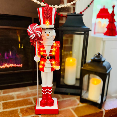 25" H Frosty Lighted Peppermint Snowman Nutcracker Figurine for Just Jill