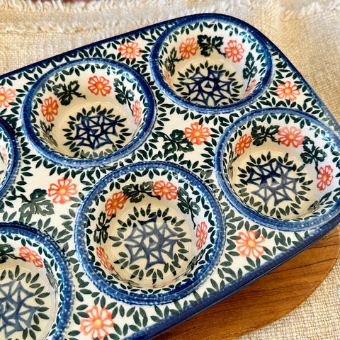 Polish Pottery Six Muffin Baking Dish