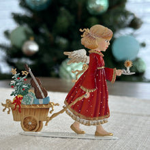Load image into Gallery viewer, Angel Pulling Gift Wagon Hand Painted German Pewter Figurine
