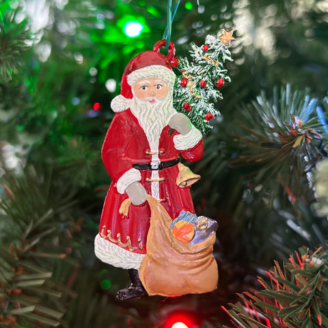 Santa with Tree and Sack Hand Painted German Pewter Ornament