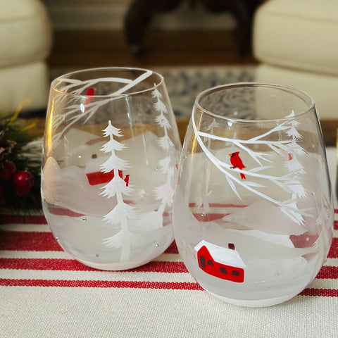 Lolita Home for the Holiday Hand Painted Stemless Wine Glasses