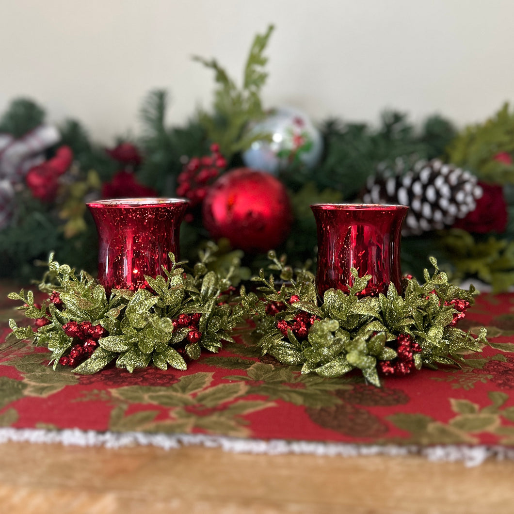 Set of 2 Small Mistletoe Glass/Floral Tea Light Set for Just Jill