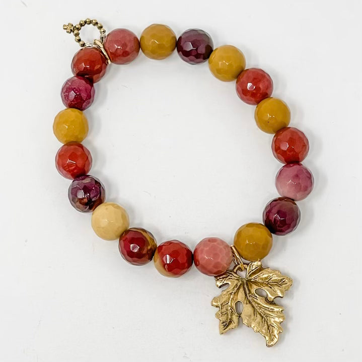 Power Beads by jen Petites Mookaite Jasper with Leaf Charm Bracelet