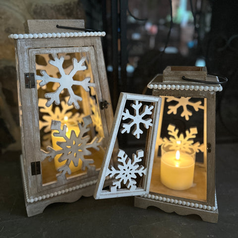 Set of 2 Snowflake Motif Wood Lanterns for Just Jill