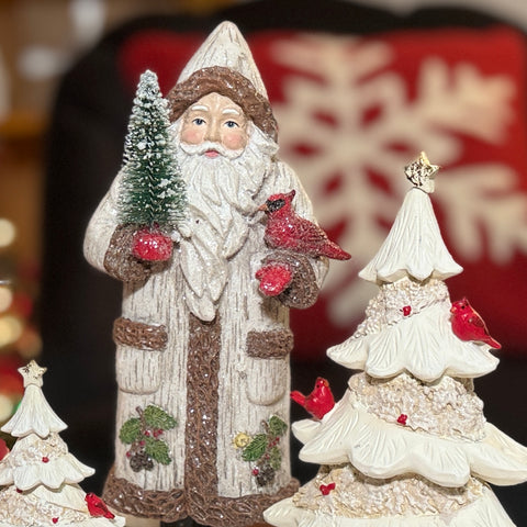 10.25" Birch Santa Figure w/Tree and Cardinal for Just Jill