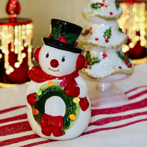 LED Light Up Retro Snowman w/Wreath Figurine