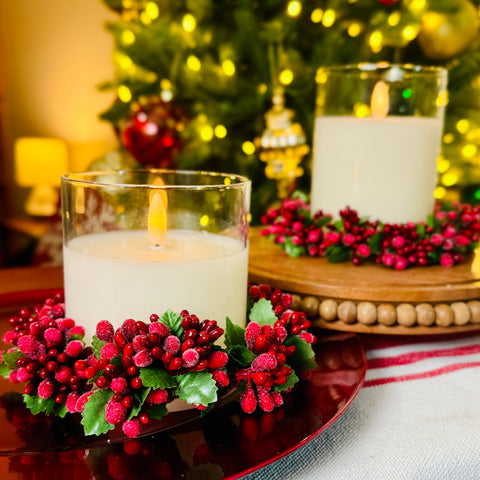 Set of 2 Sugared Red Berry Candle Rings