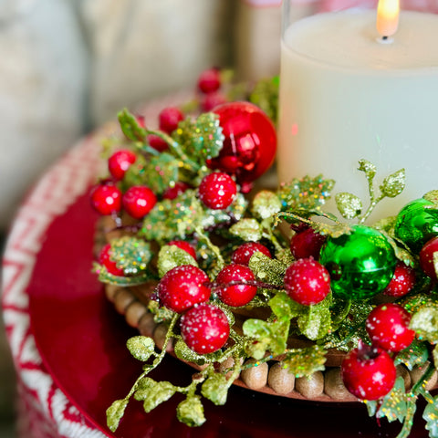 Set of 2 Red & Green Ornament Ball Candle Rings for Just Jill