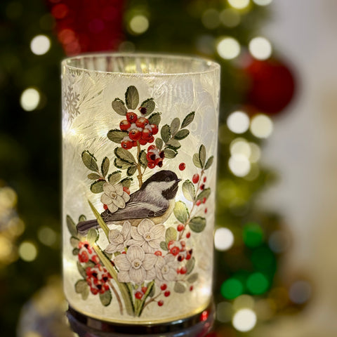 Frozen Glass Chickadee Hurricane w/ Lights for Just Jill