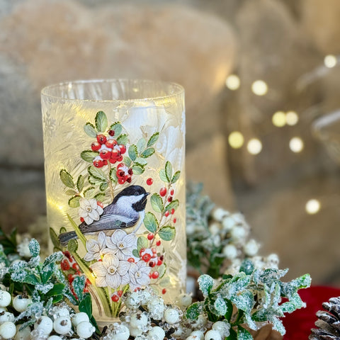 Frozen Glass Chickadee Hurricane w/ Lights for Just Jill