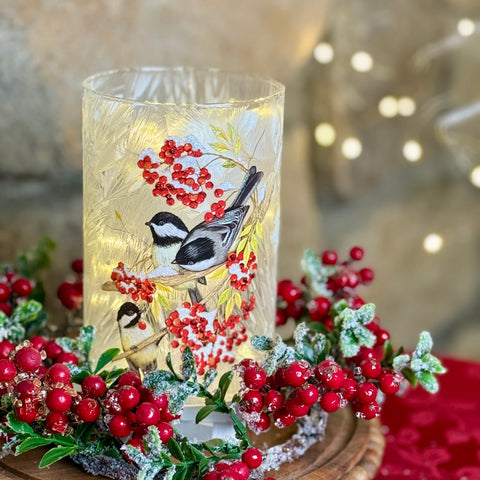 Frozen Glass Chickadee Hurricane w/ Lights for Just Jill