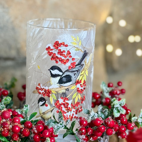 Frozen Glass Chickadee Hurricane w/ Lights for Just Jill