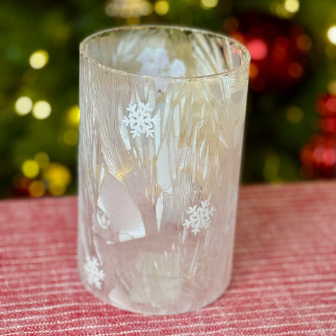 Frozen Glass Chickadee Hurricane w/ Lights for Just Jill