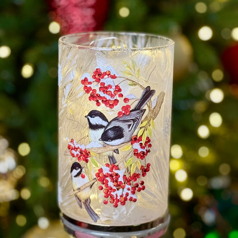 Frozen Glass Chickadee Hurricane w/ Lights for Just Jill