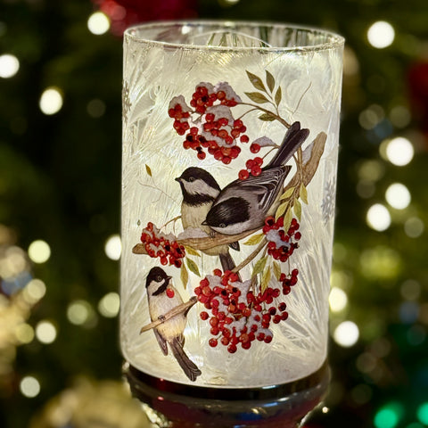Frozen Glass Chickadee Hurricane w/ Lights for Just Jill