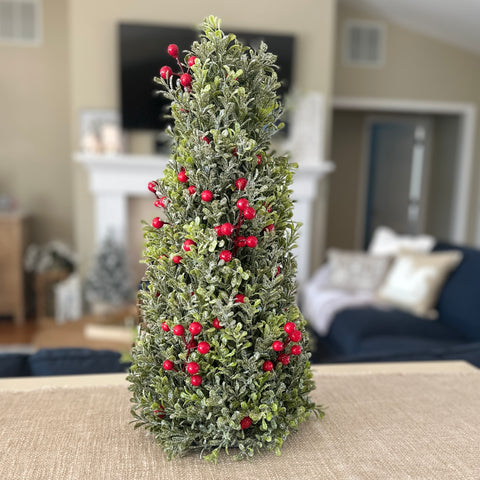 18" Red Berry Frosted Boxwood Cone Tree for Just Jill