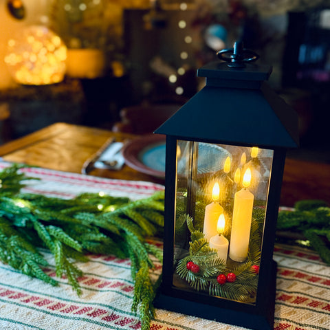 12" Lantern with Candles and Greenery for Just Jill