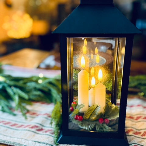 12" Lantern with Candles and Greenery for Just Jill