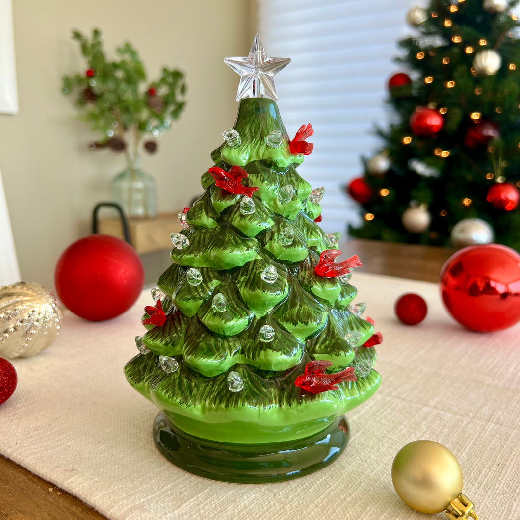 Porcelain Green Tree with Cardinal and Twinkle Lights for Just Jill
