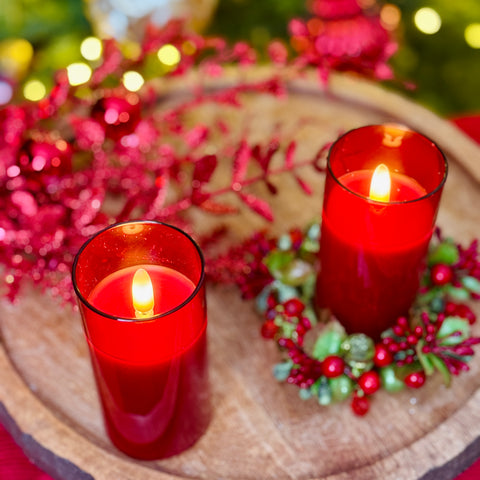 Set of 2 4" Petite Red Glass Flameless Pillar Candles for Just Jill