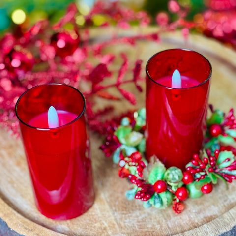 Set of 2 4" Petite Red Glass Flameless Pillar Candles for Just Jill