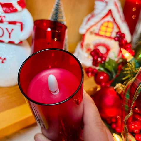 Set of 2 5" Petite Red Glass Flameless Pillar Candles for Just Jill