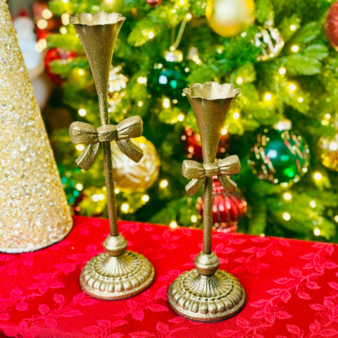 Set of 2 Brass-Toned Bow Taper Candlesticks for Just Jill