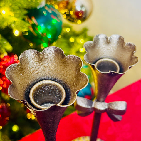 Set of 2 Brass-Toned Bow Taper Candlesticks for Just Jill