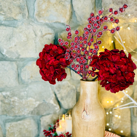Metallic Glitter Spray of Berry and Red Hydrangea Stems