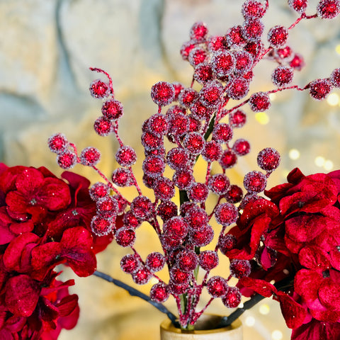 Metallic Glitter Spray of Berry and Red Hydrangea Stems-BOGO OFFER