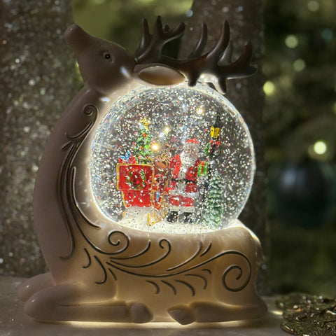 Lighted Swirl Deer w/ Santa and Sleigh in Globe for Just Jill