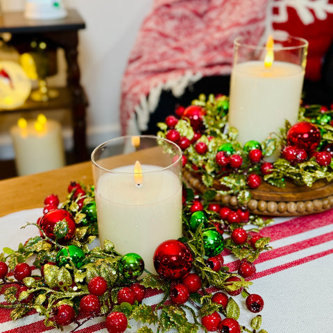 Set of 2 Red & Green Ornament Ball Candle Rings for Just Jill