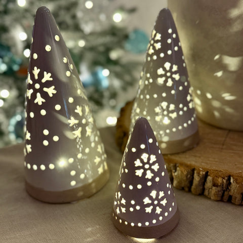 Set of 3 Light-Up White Ceramic Cone Trees w/ Embossed Detail