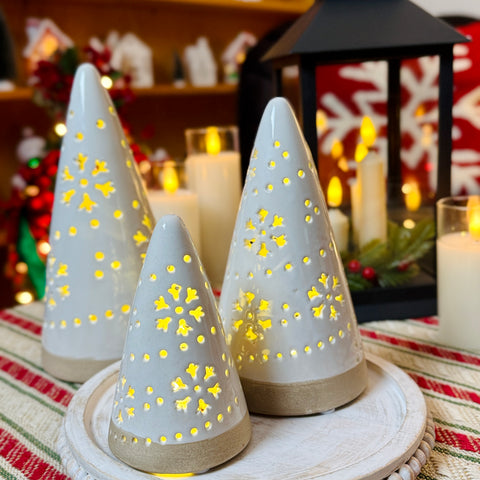Set of 3 Light-Up White Ceramic Cone Trees w/ Embossed Detail